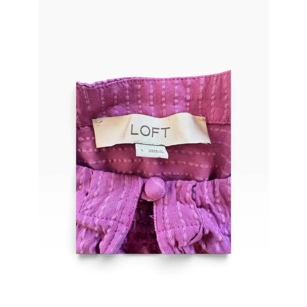 LOFT Women’s Large magenta Textured Blouse Puff Sleeve Ruched Tie Keyhole Top